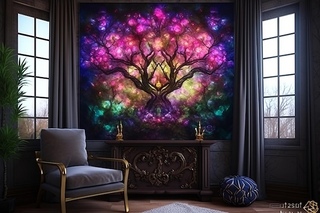 a tree of life tapestry hanging in a room