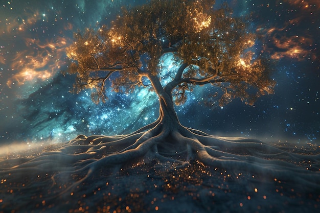 Tree of life with roots extending into the cosmos