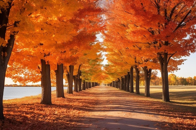 a tree lined road in autumn