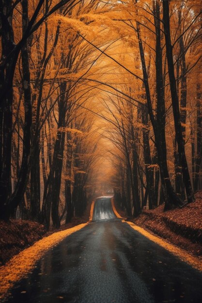 A tree lined road with yellow leaves on the ground