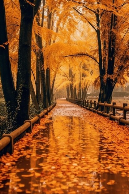 Foto una strada fiancheggiata da alberi con foglie gialle sul terreno