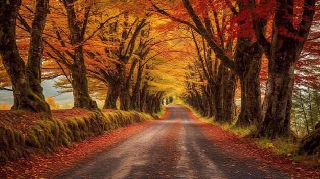 Foto una strada fiancheggiata da alberi con foglie gialle sul terreno