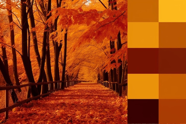 A tree lined road with yellow leaves on the ground