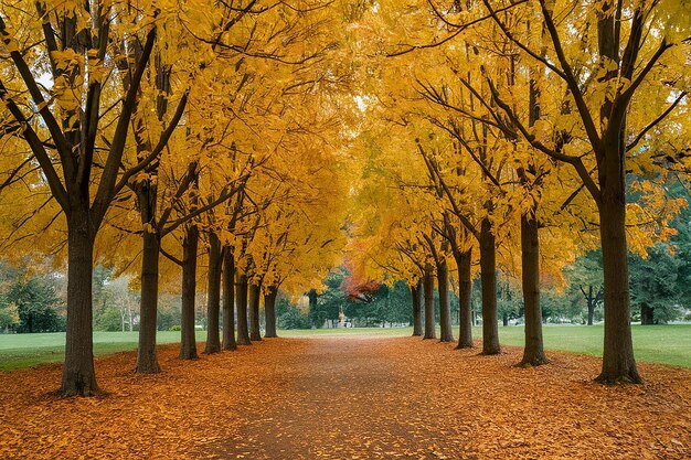 a tree lined road with yellow leaves on the right side
