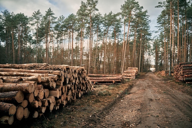 Tree logs in the forest Stack of chopped woods stack