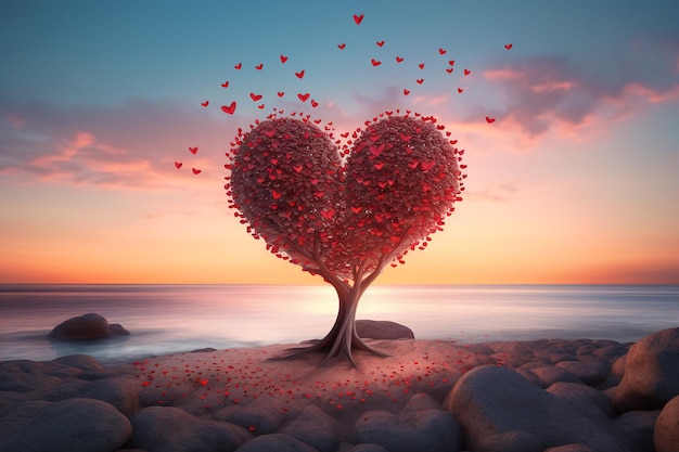 Tree of love in spring Red heart shaped tree at sunset Beautiful landscape with flowersLove background with copy space