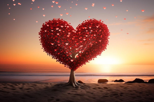 Tree of love in spring red heart shaped tree at sunset beautiful landscape with flowerslove background with copy space