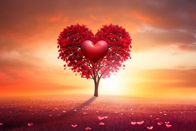 Tree of love in spring red heart shaped tree at sunset beautiful landscape with flowerslove background