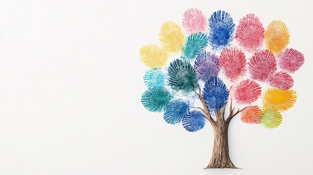Tree made of colorful finger prints on a white background with copy space for text
