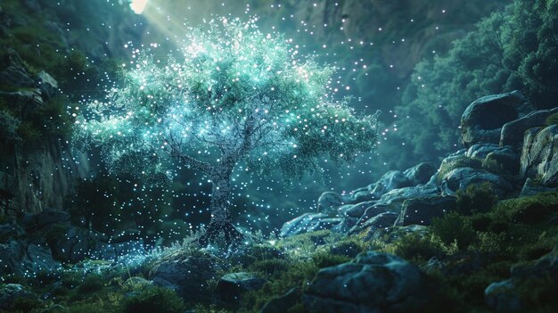 輝くデジタル接続で作られた木が神秘的な森の中に立っています
