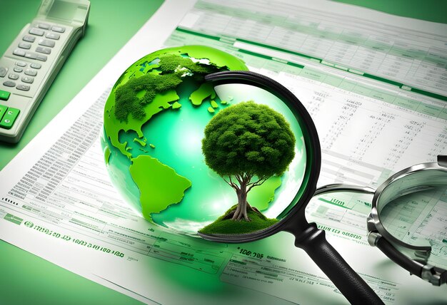 Photo tree in magnifying glass and green globe green business ideas finance