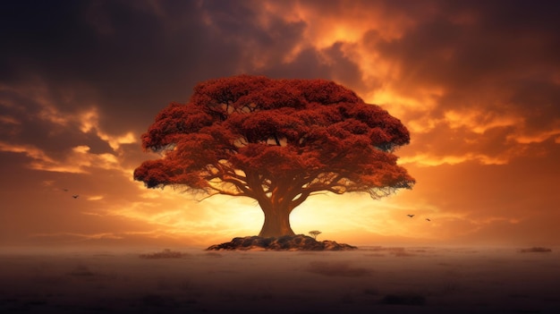 A tree in the middle of a desert with a sunset in the background