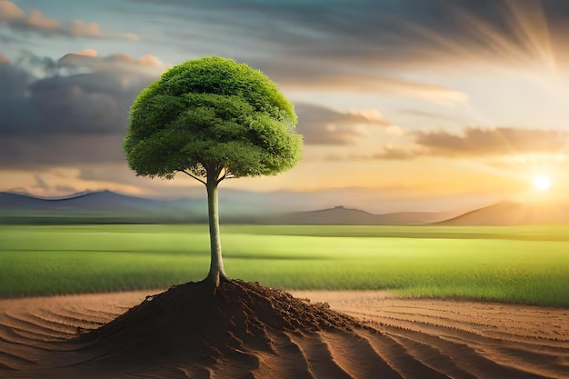 a tree in the middle of a field with mountains in the background.