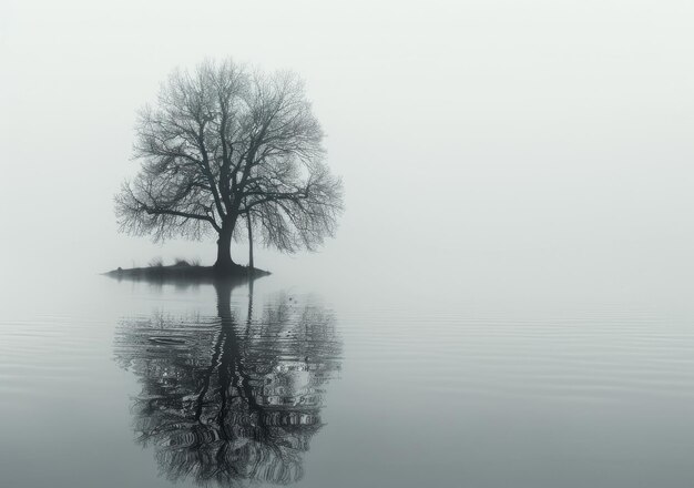 Photo a tree in the middle of a lake with fog