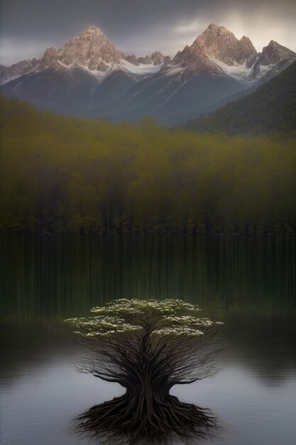 A Tree In The Middle Of A Lake With Mountains In The Background