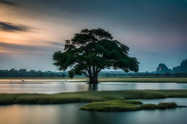 a tree in the middle of a lake