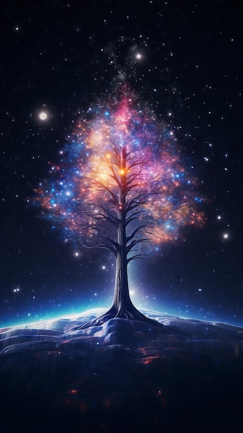 A tree in the middle of a space filled with stars