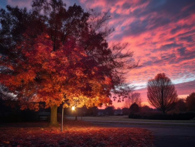 a tree in the middle of a street at sunset