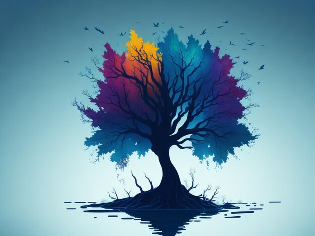 A tree in middle with gradient background