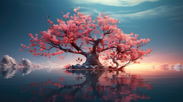 A tree in the midst of a body of water covered in pink blooms Generative Ai