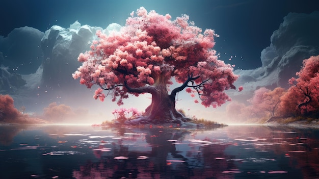 A tree in the midst of a body of water covered in pink blooms Generative Ai