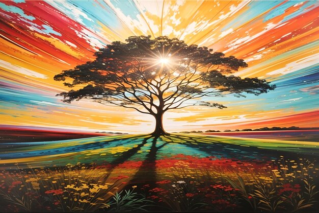 Tree of might with rainbow background