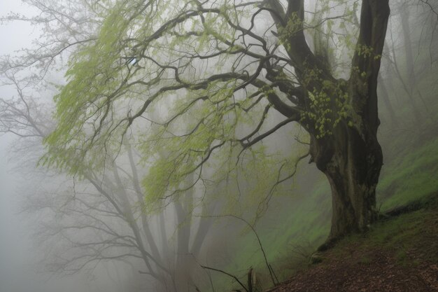 Foto albero nella nebbia con delicati germogli e foglie visibili creati con intelligenza artificiale generativa
