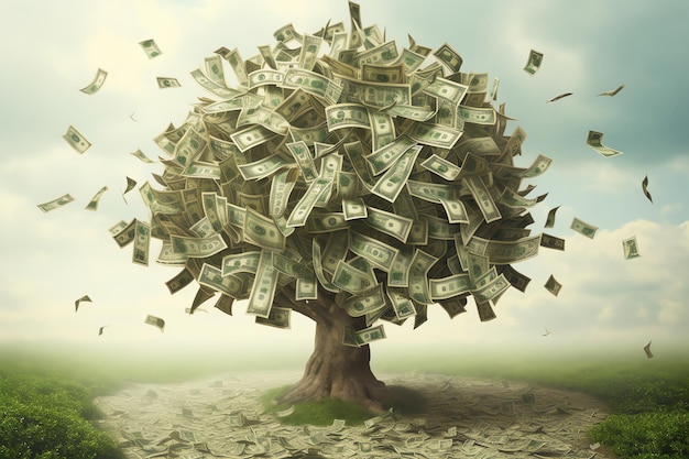 A tree of money is falling from the sky