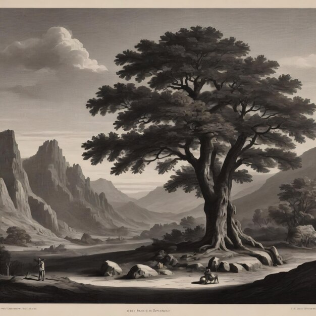 tree in the mountain desert old engraving