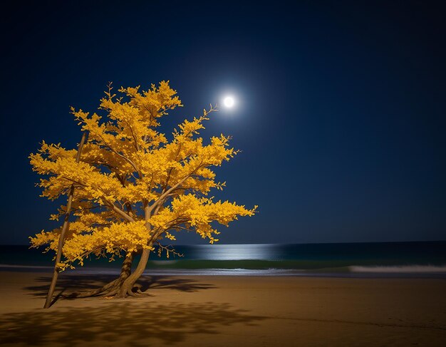 a tree in the mountain a night of blue sky of full moon and stars