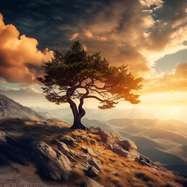 A tree on a mountain with a sunset in the background