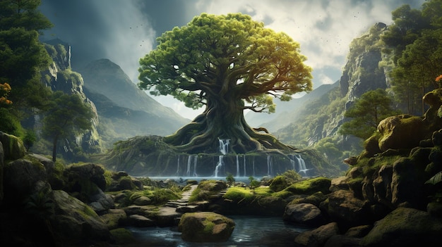 A tree on a mountain with a waterfall in the background