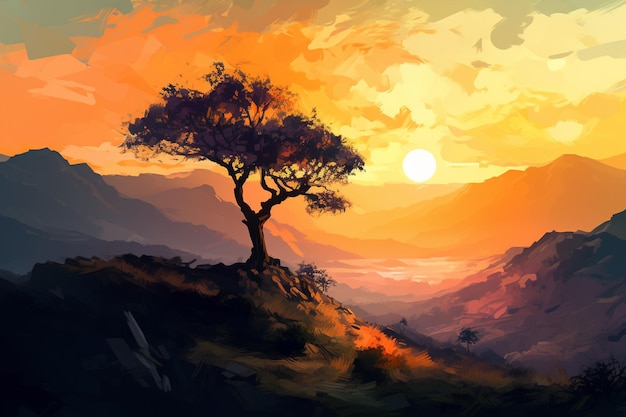 Tree in the mountains at sunset Digital painting Vector illustration