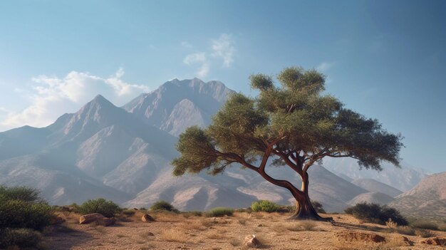 a tree in the mountains with a mountain in the background