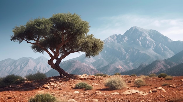 a tree in the mountains with a mountain in the background