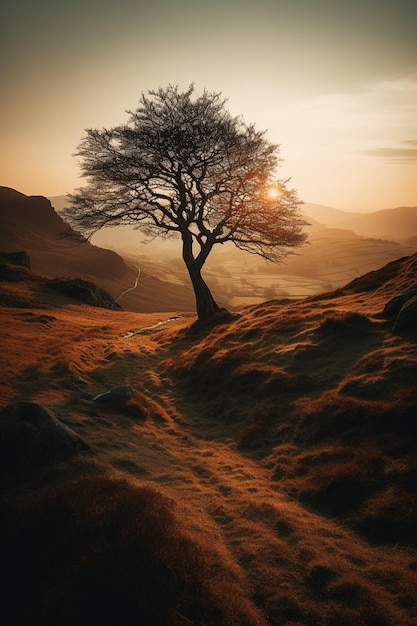 A tree in the mountains with the sun setting behind it