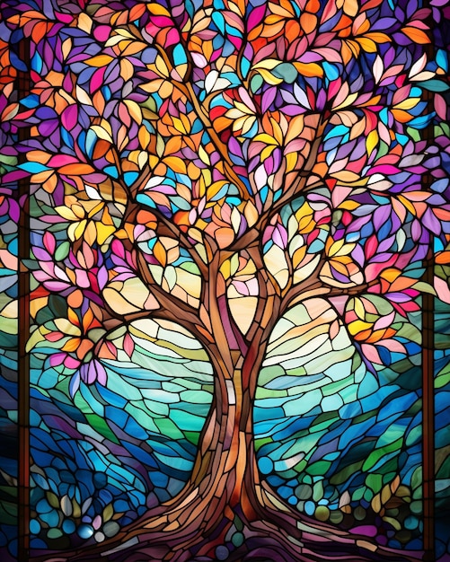 Tree in a Multicolored Stained Glass Window