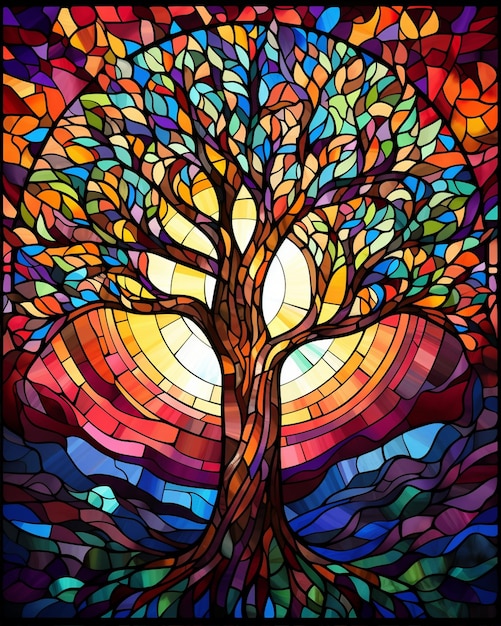 Tree in a Multicolored Stained Glass Window
