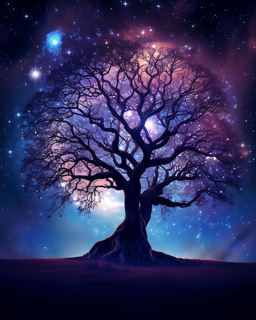 A Tree At Night With The Moon And Stars