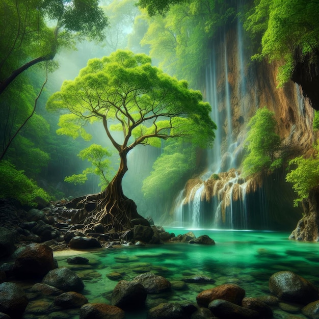 Фото Дерево на скальном фоне воды