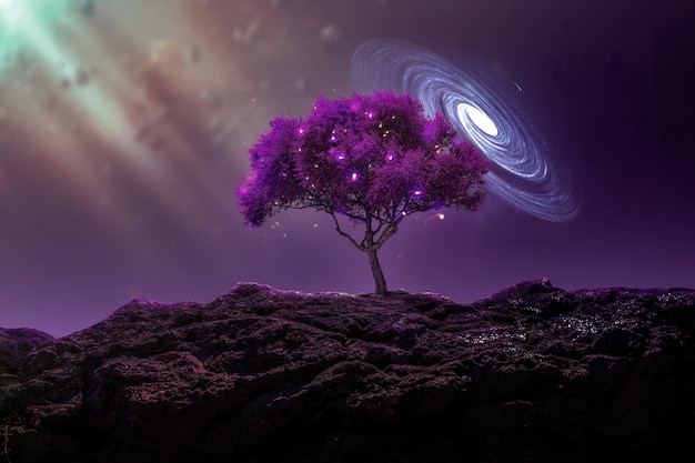 Tree in out space  fantasy  Futuristic fantasy abstract night landscape with tree  3d rendering