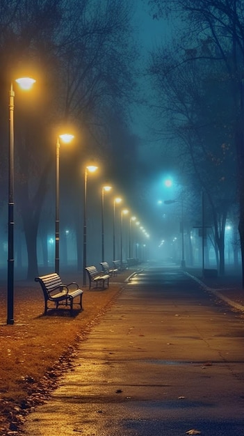 tree park at dusk with fog