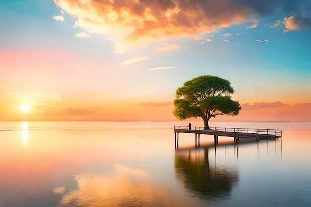 A tree on a pier at sunset