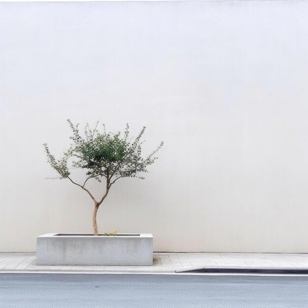 a tree in a planter with a white wall behind it