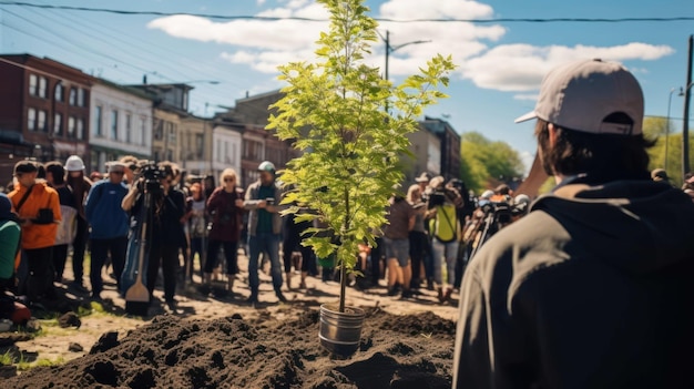 地球の日に都市部で樹木を植えるイベント