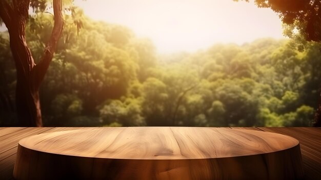 Tree podium on the wood with blur natural view background