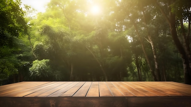 Tree podium on the wood with blur natural view background