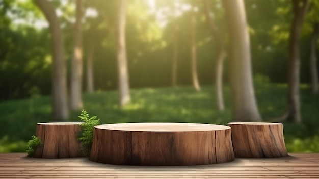 Tree podium on the wood with blur natural view background