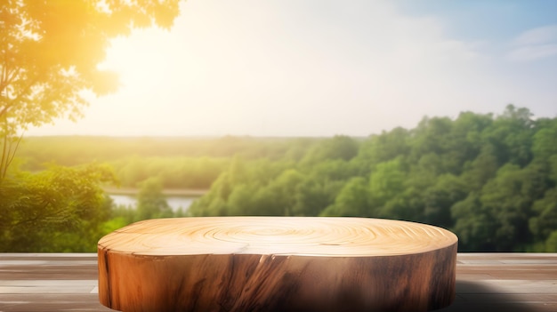 Tree podium on the wood with blur natural view background