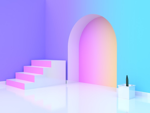 木の鍋抽象ピンク白階段 - 階段紫 - 紫青黄色ピンクグラデーション壁 - 部屋3 dレンダリング